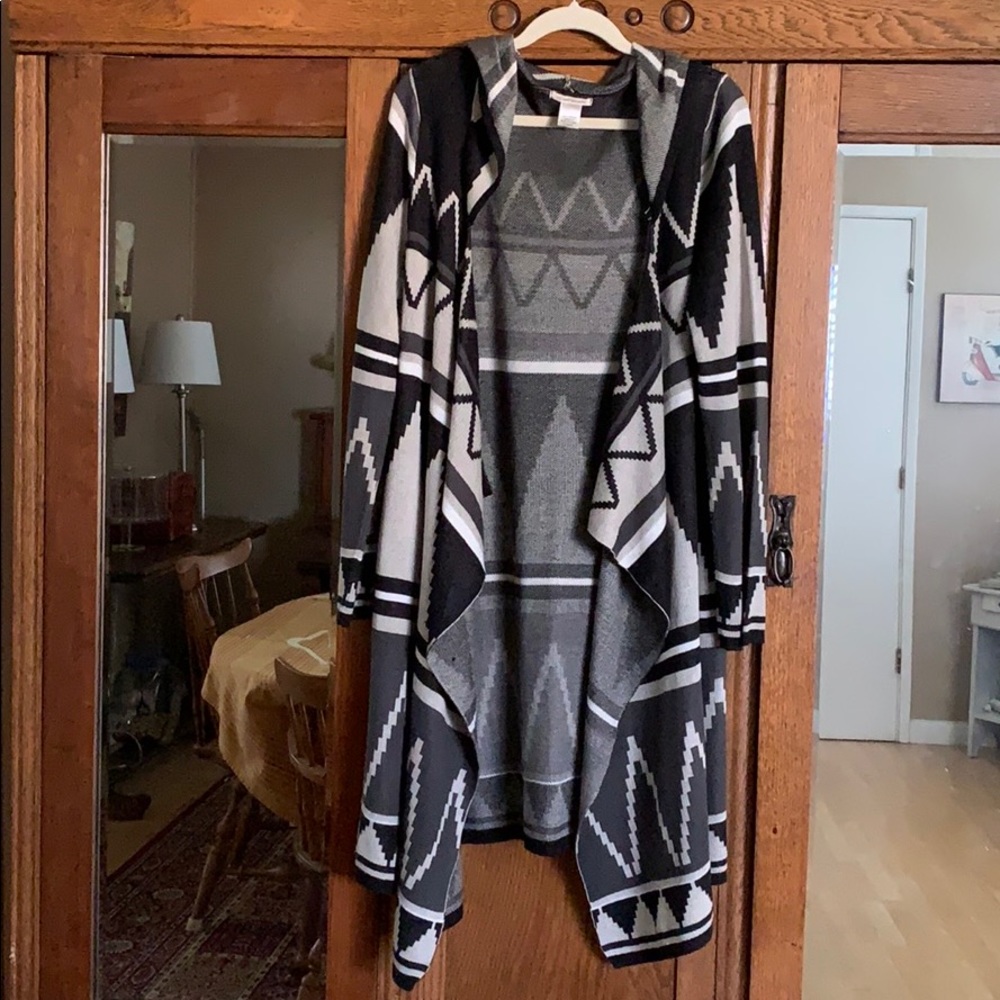Open hooded tribal print cardigan
